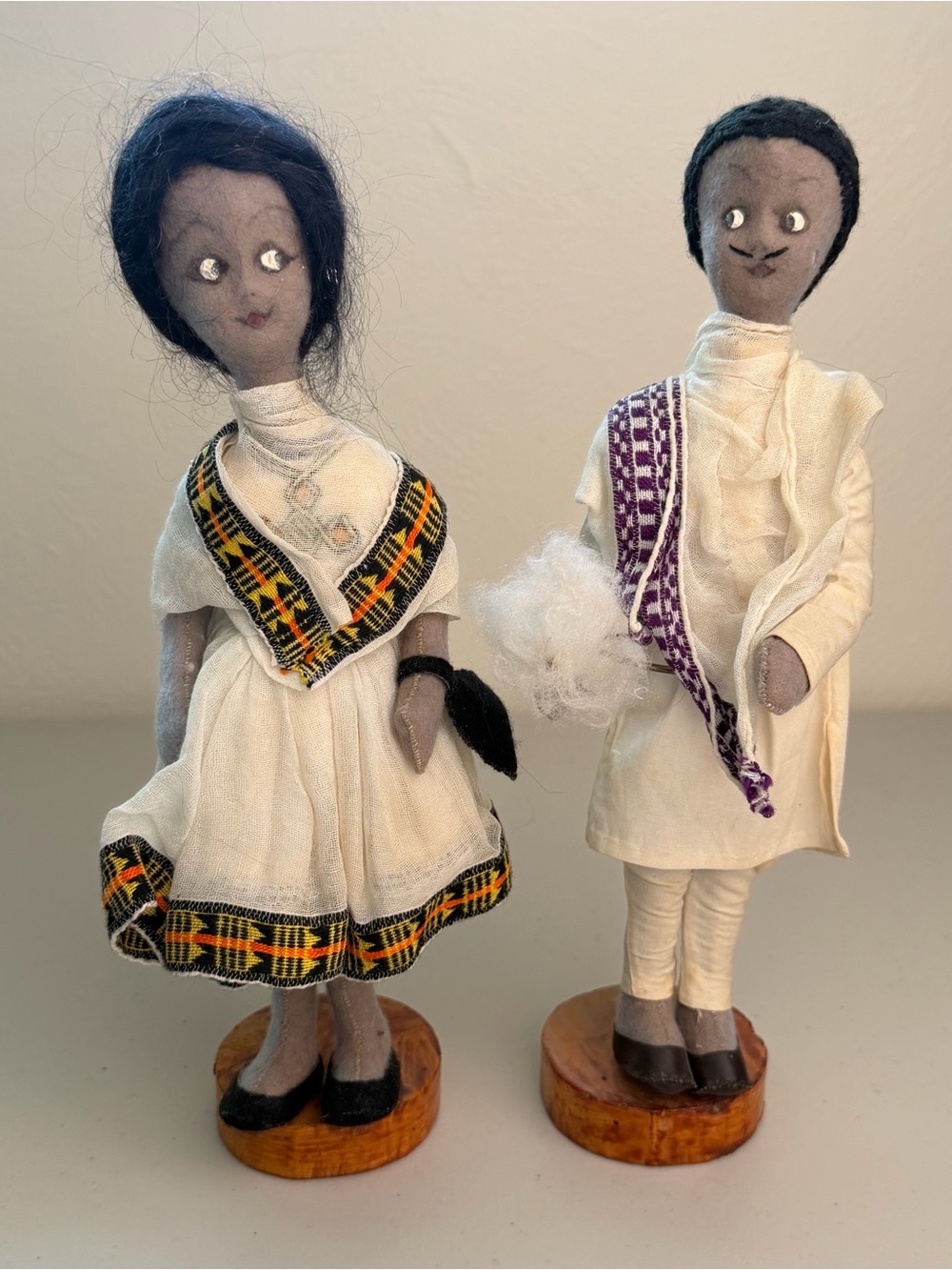 Vintage Ethiopian Cloth Dolls Pair Handmade Folk Art Traditional Dress Ethiopia